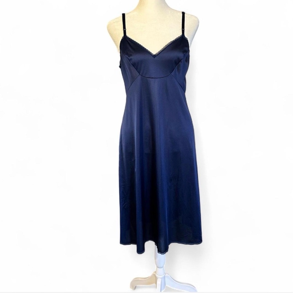 Vintage Midi‎ Slip Dress Lace Trim Vanity Fair Blue Antron III Nylon 34L